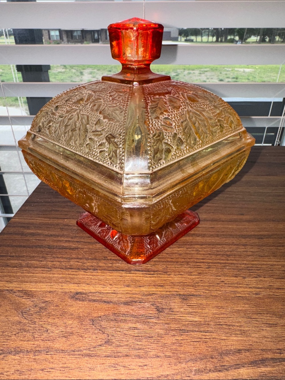 Amber Glass Covered Candy Dish - Decorative Lidded Compote